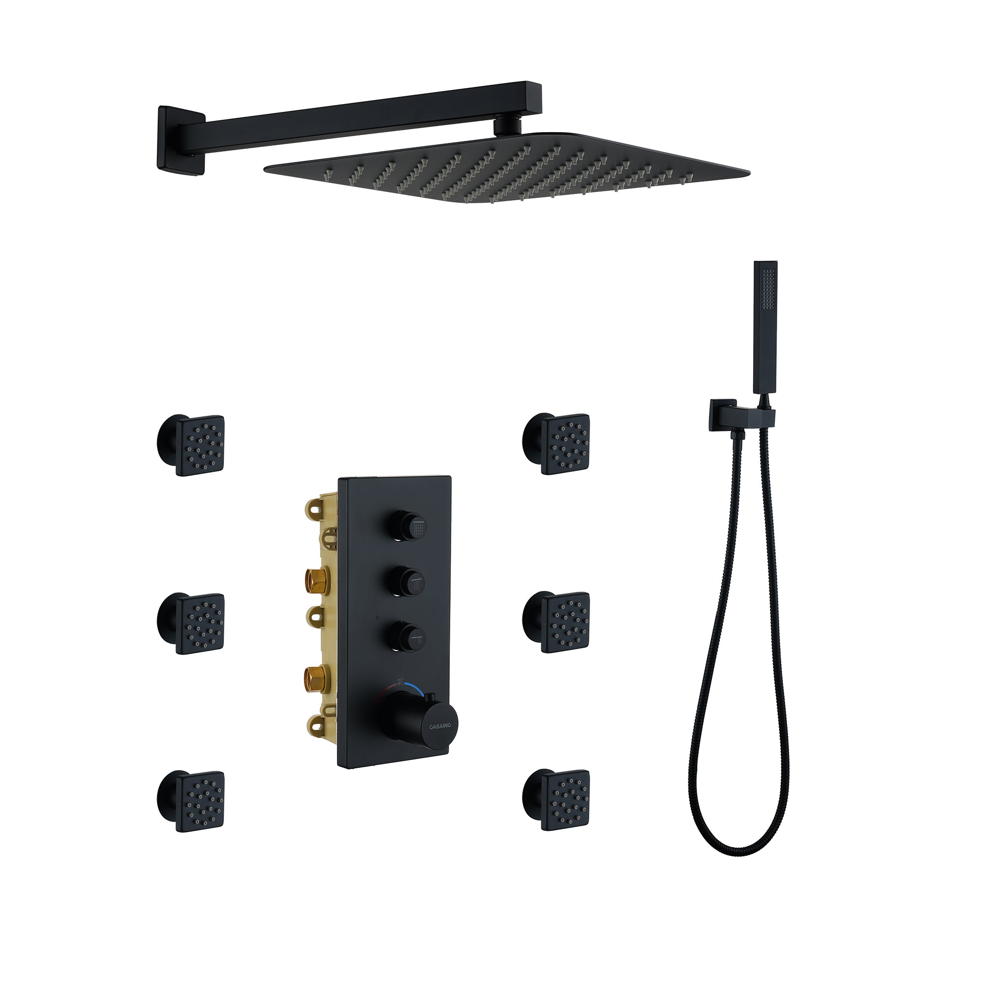 3-Function Thermostatic Shower Set in Matte Black, High-Pressure Rainfall, Handheld & Tub Spout, Anti-Scald Temperature Control, Modern Bathroom Fixture