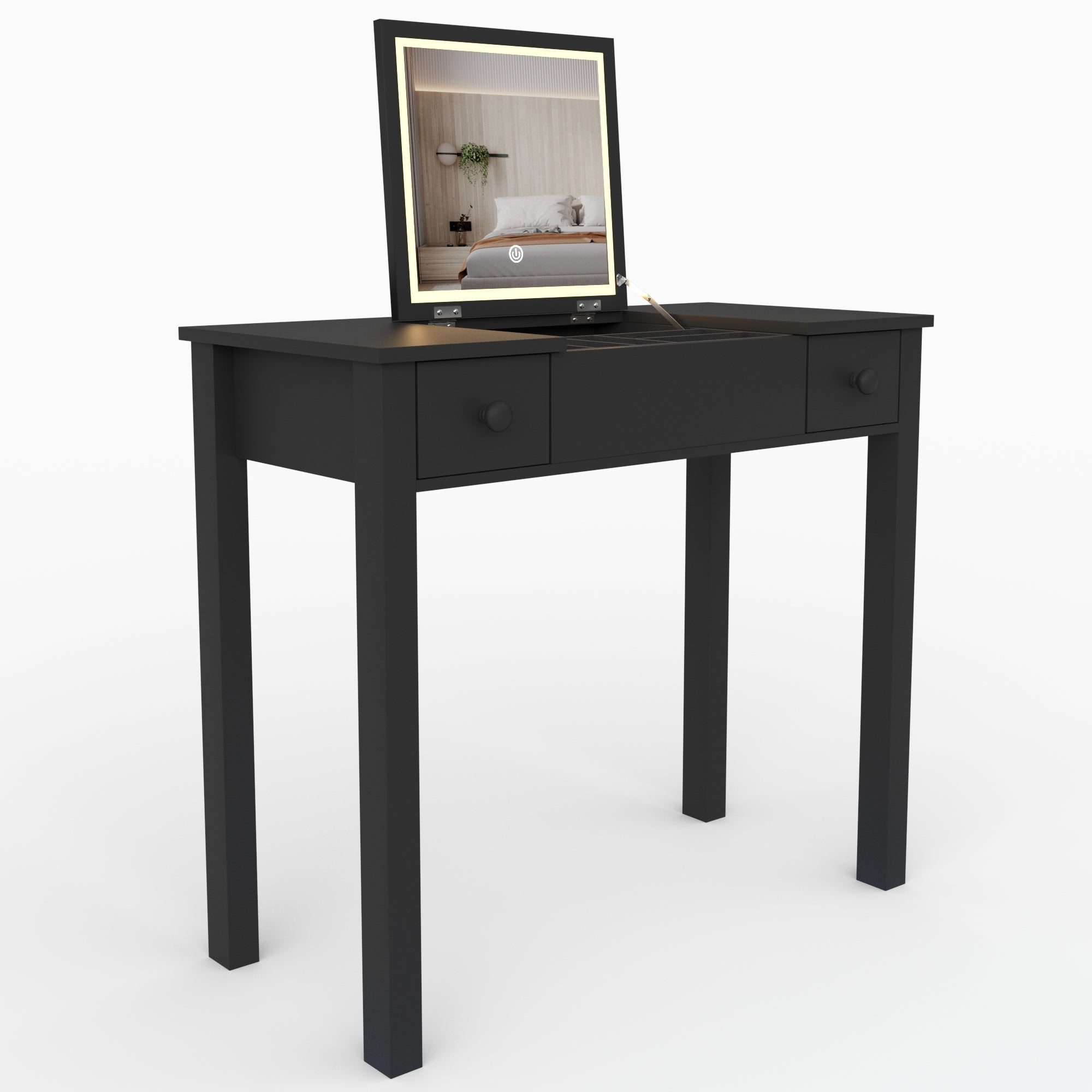 Makeup Vanity Desk with Mirror - 3-Level Adjustable LED Lighting, Flip-Top Storage 2 Drawers & 3 Removable Organizer Boxes, Multifunctional Compact Dressing Table for Bedroom, 15.75 Inch Width-Black
