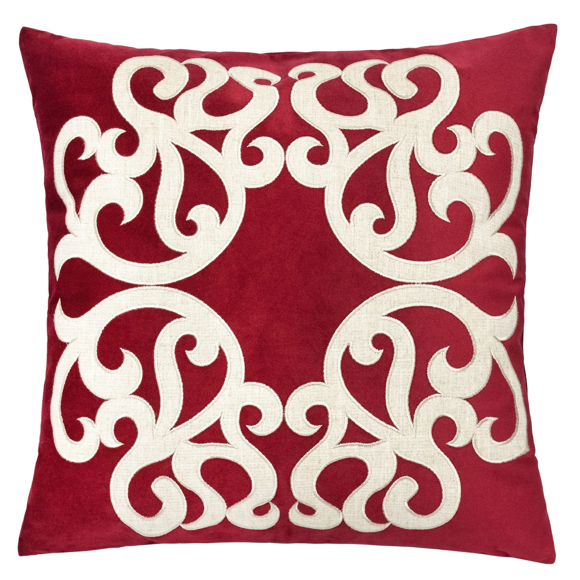 Dora Vintage Vine Red Polyester Velvet Pillow Cover with Matching Back, 20x20 Inches
