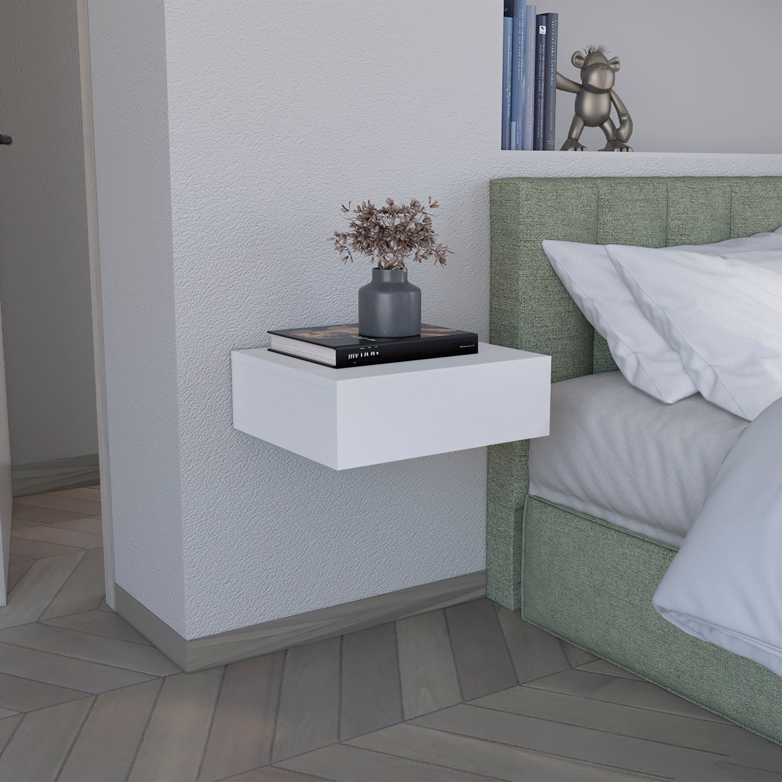 Floating Nightstand 5'H, Modern Wall-Mounted Bedside Shelf with Drawer, White