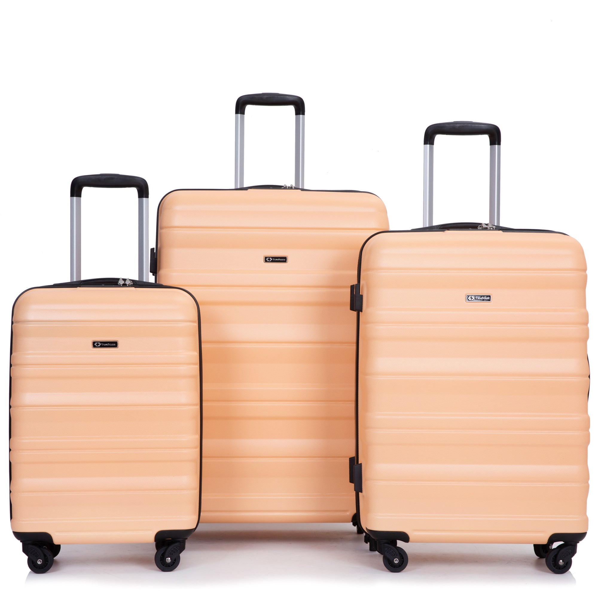 Expandable 3 Piece Luggage Sets PC Lightweight & Durable Suitcase with Two Hooks, Spinner Wheels, TSA Lock, Peach