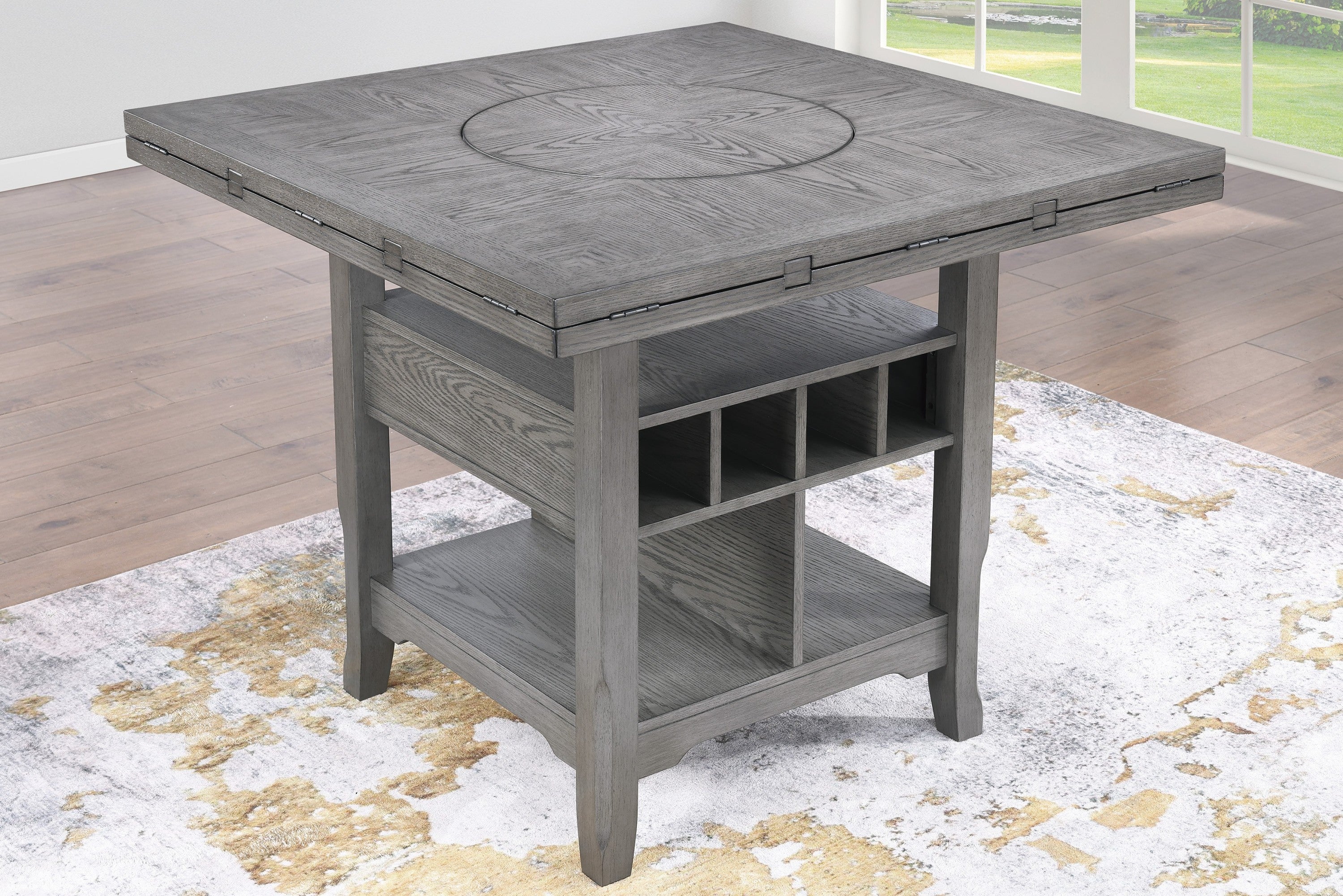Dining Room Gray 1pc Counter Height Table w Built in Lazy Suzan Storage Shelf Dining Table Bottom Functional Kitchen Table