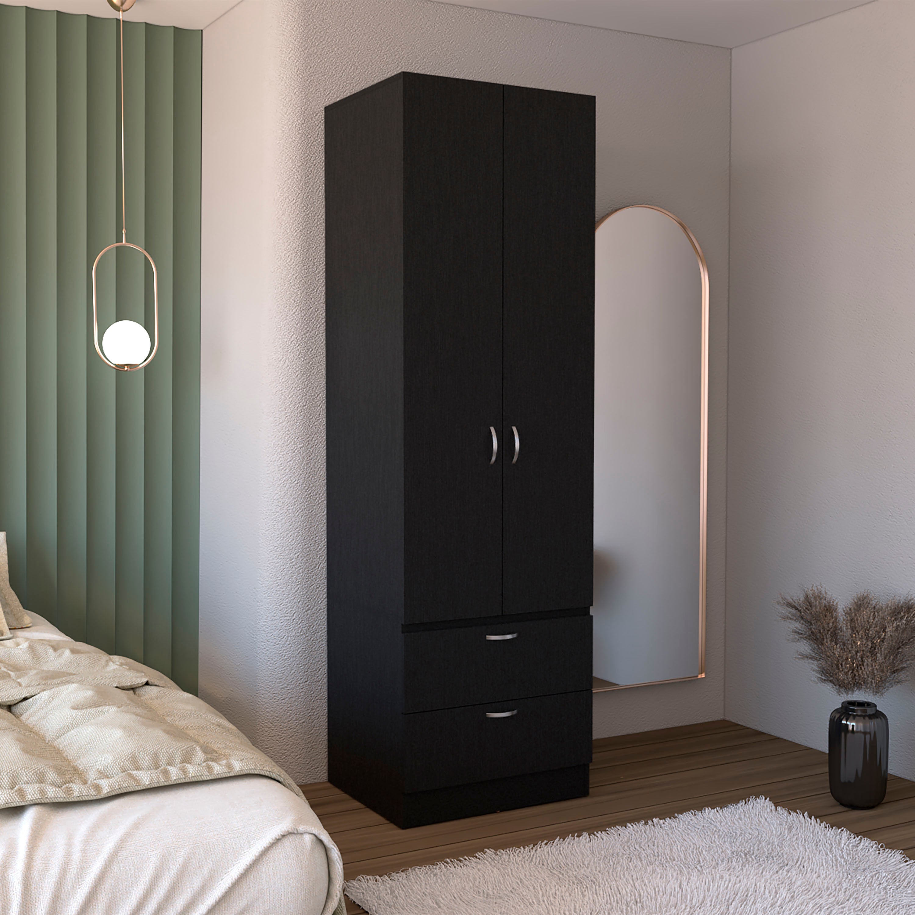 Armoire Wardrove 76' H, Hanging Rod, 2 Drawers, 1 Shelf, Black