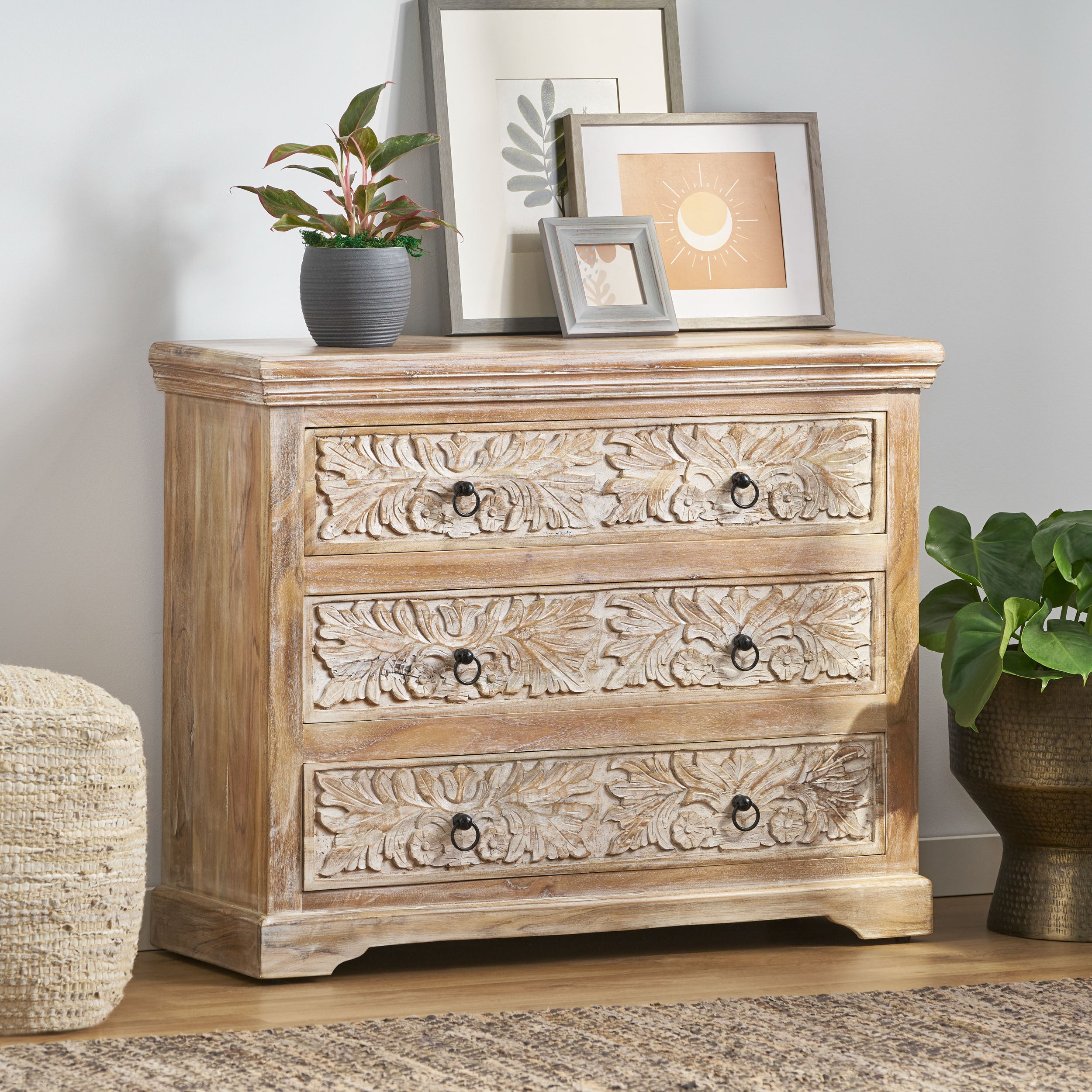 Acacia Wood 3 Drawer Dresser, 40 Inches Wide Accent Storage Cabinet