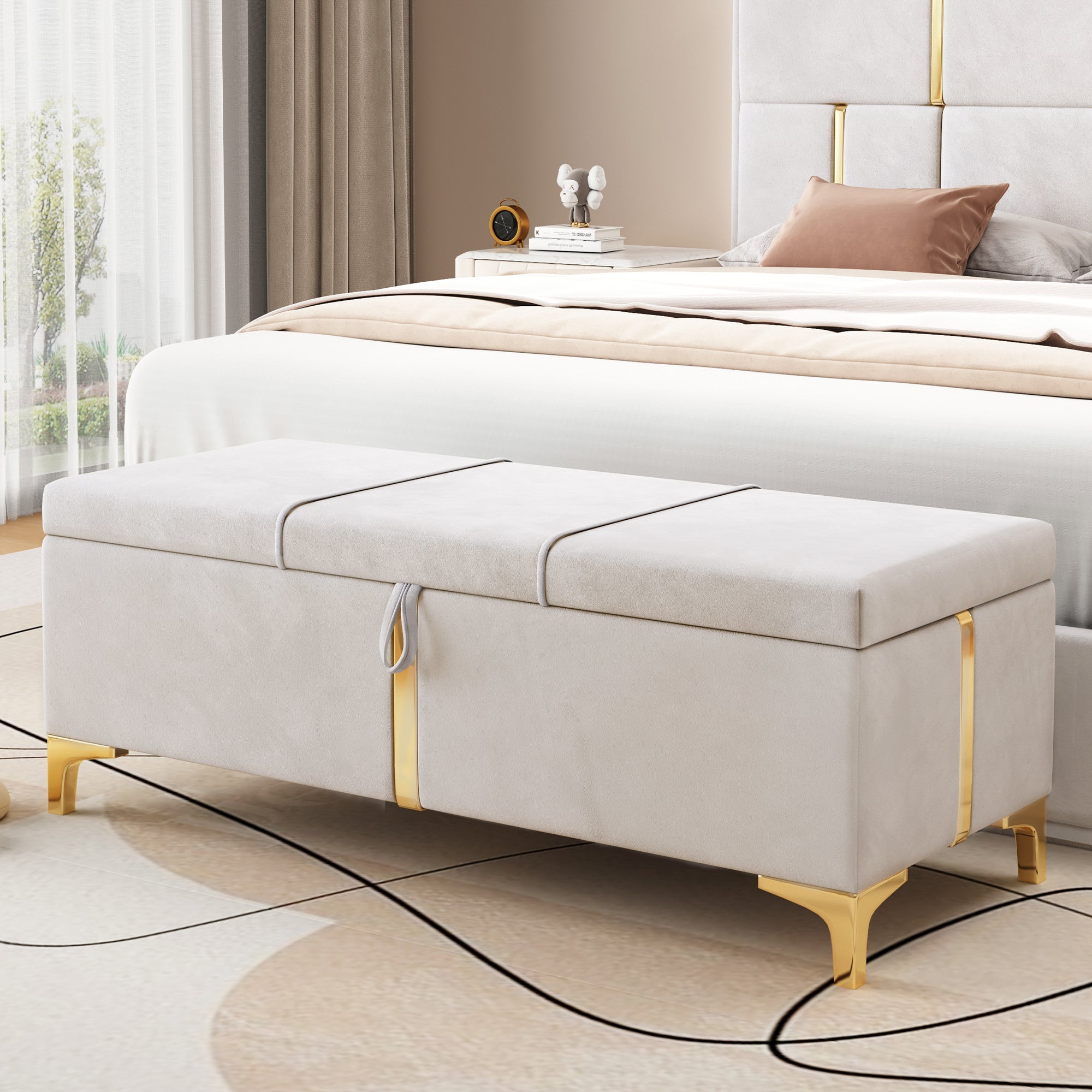Elegant Upholstered Storage Ottoman,Storage Bench with Metal Legs for Bedroom,Living Room,Fully Assembled Except Legs,Beige