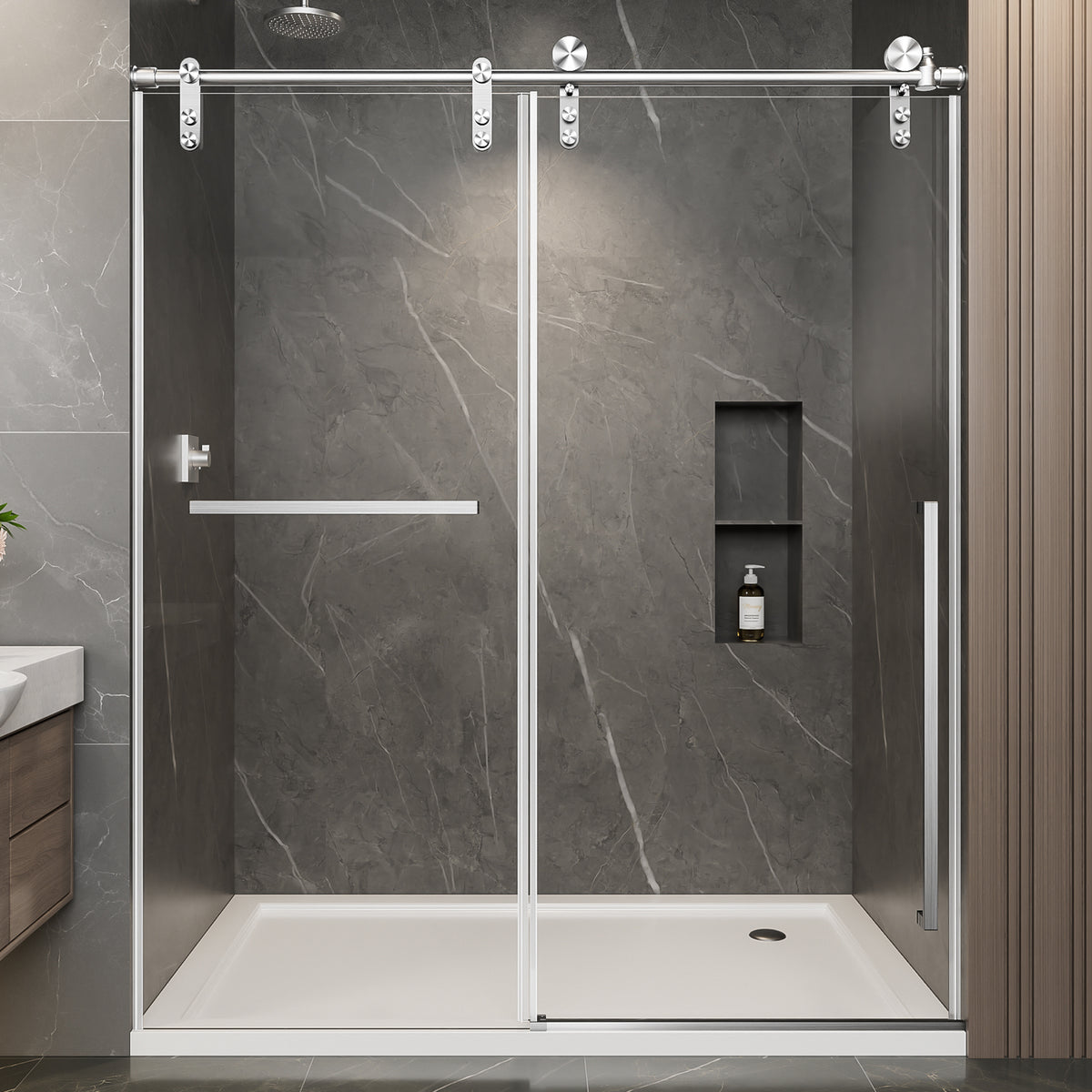 56'-60' W x 75' H Frameless Sliding Shower Door, Brushed Nickel Shower Screen, 5/16' (8mm) Clear Tempered Glass With Explosion-proof Film