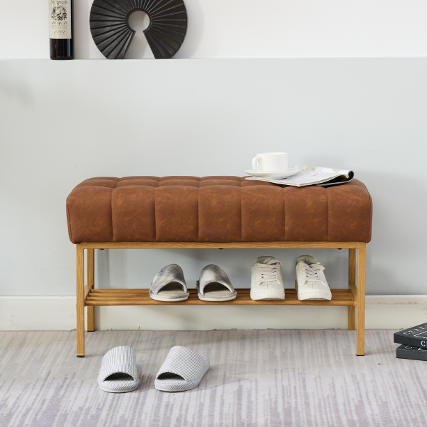 End of Bed Bench with Shelf, Retro leather Upholstered Storage Shoe Bench, Modern Bedroom Bench with Metal Legs for Living Room, Entryway, Dining Room, 300 LB, (Brown)