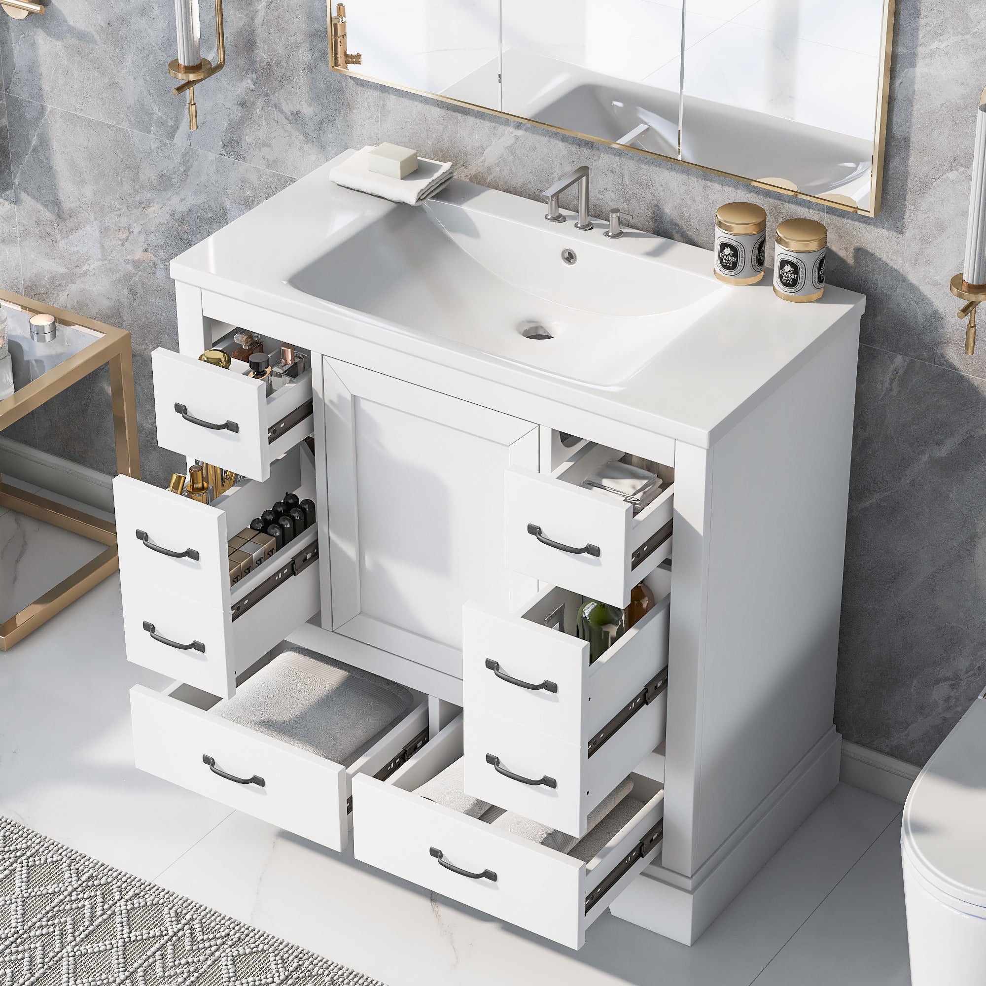 36' Bathroom Vanity with Sink Combo, Six Drawers, Multi-Functional Drawer Divider, Adjustable Shelf, White (Old Sku:SY999808AAK)