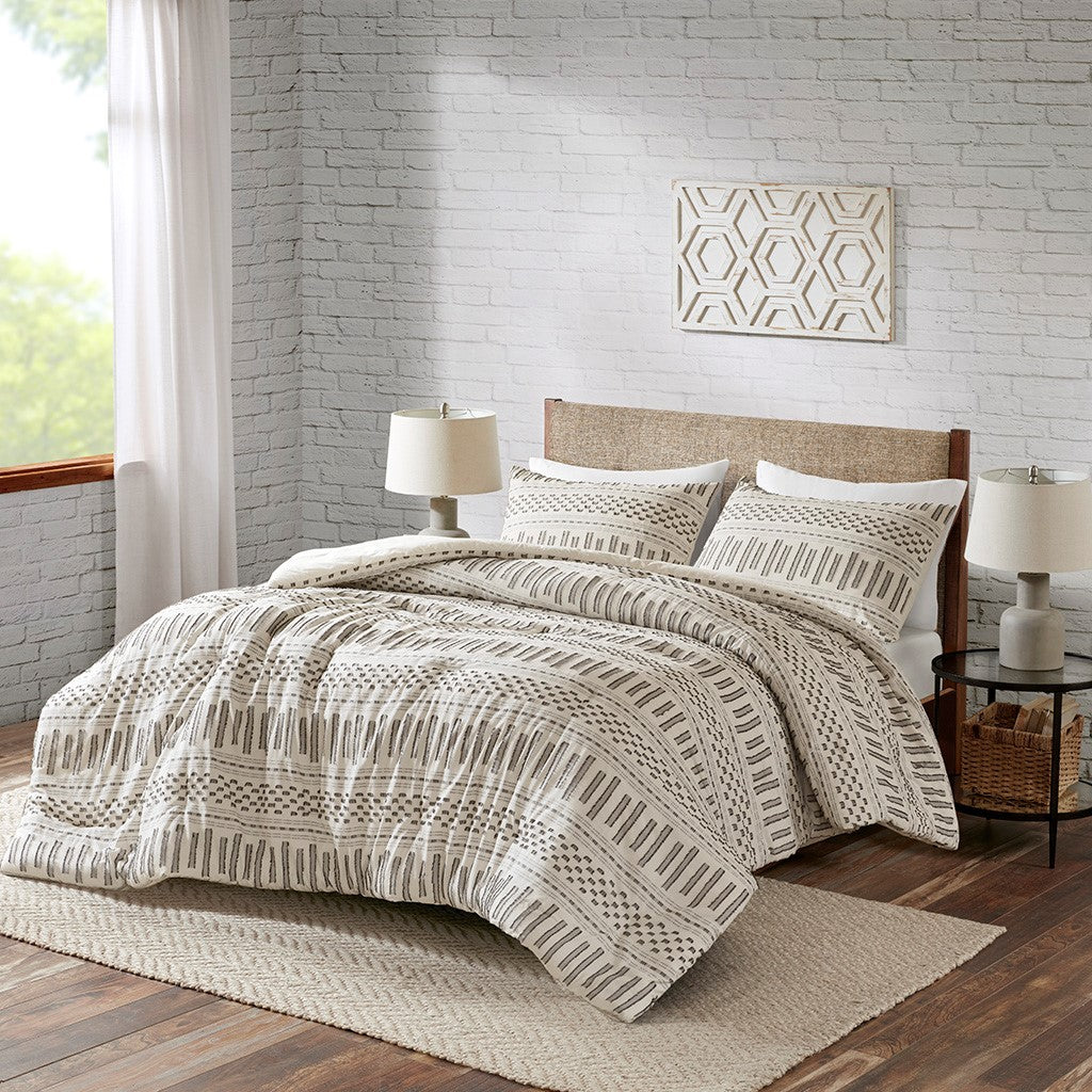 Cotton Jacquard Comforter Mini Set Ivory/Charcoal Full/Queen