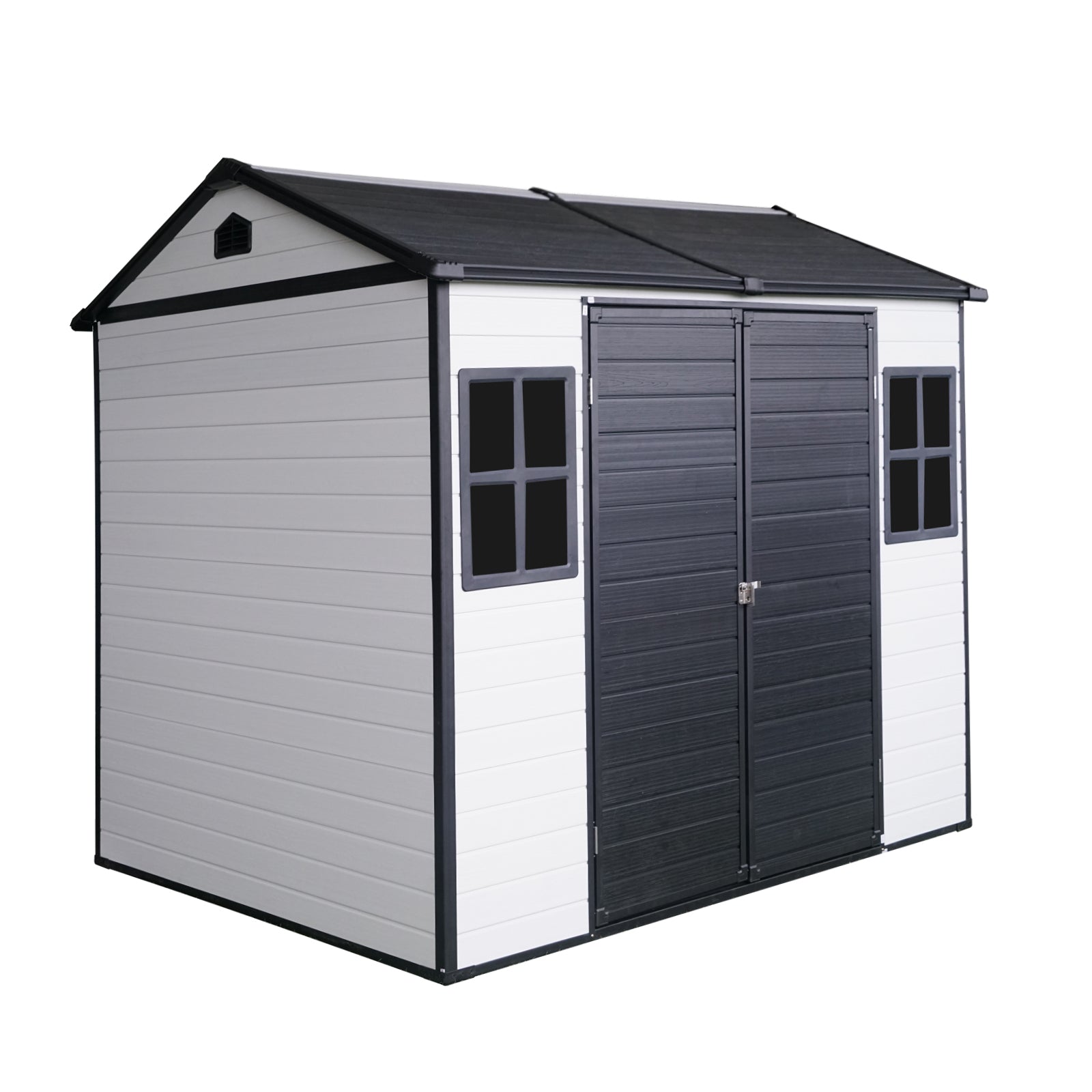 Resin Outdoor Storage Shed Waterproof with Floor & Windows, Lockable Door, Grey White, 8 x 6 ft