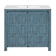 Retro Blue 36' Bathroom Vanity Organizer with Ceramic Sink, Solid Wood Storage Cabinet