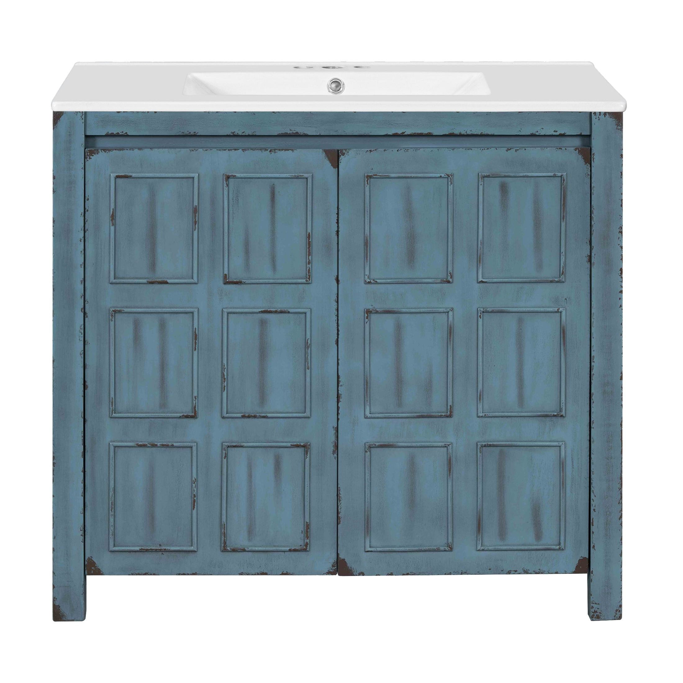 Retro Blue 36' Bathroom Vanity Organizer with Ceramic Sink, Solid Wood Storage Cabinet