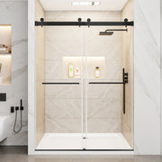 56'-60' W x 78' H Frameless Double Sliding Shower Door, Matte Black Shower Screen, 3/8' (10mm) Clear Tempered Glass With Explosion-proof Film, Dual Stainless Steel Door Handles