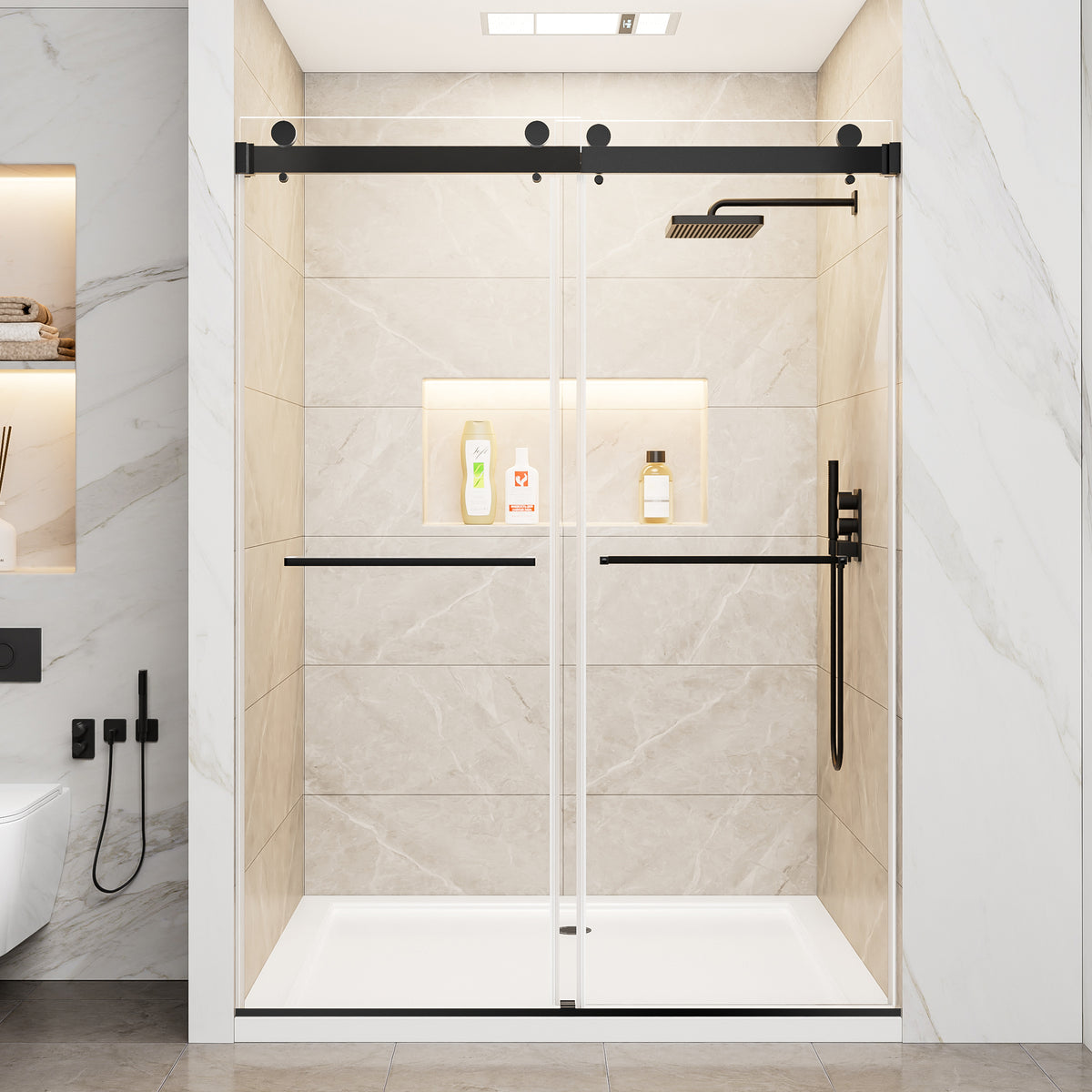 56'-60' W x 78' H Frameless Double Sliding Shower Door, Matte Black Shower Screen, 3/8' (10mm) Clear Tempered Glass With Explosion-proof Film, Dual Stainless Steel Door Handles