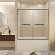 56-60' W ×60' H Tempered Glass with Explosion Proof Film, Aluminum Frame Double Sliding Shower Door, '1/4 (6 mm), Stainless Steel handle,Gun Ash