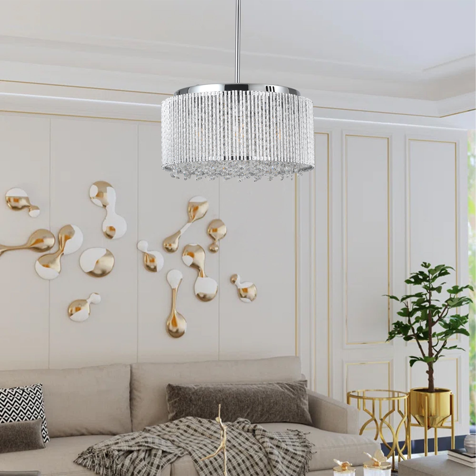 16' Elegant Crystal Pendant Chandelier with Chrome Finish – 7-Light Drum Light Fixture with Clear Crystal Strands for Dining Room, Living Room, or Bedroom (Bulb Not Included)