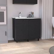 2 Freestanding Utility Base Cabinet with Stainless Steel Countertop and 2-Door, Black