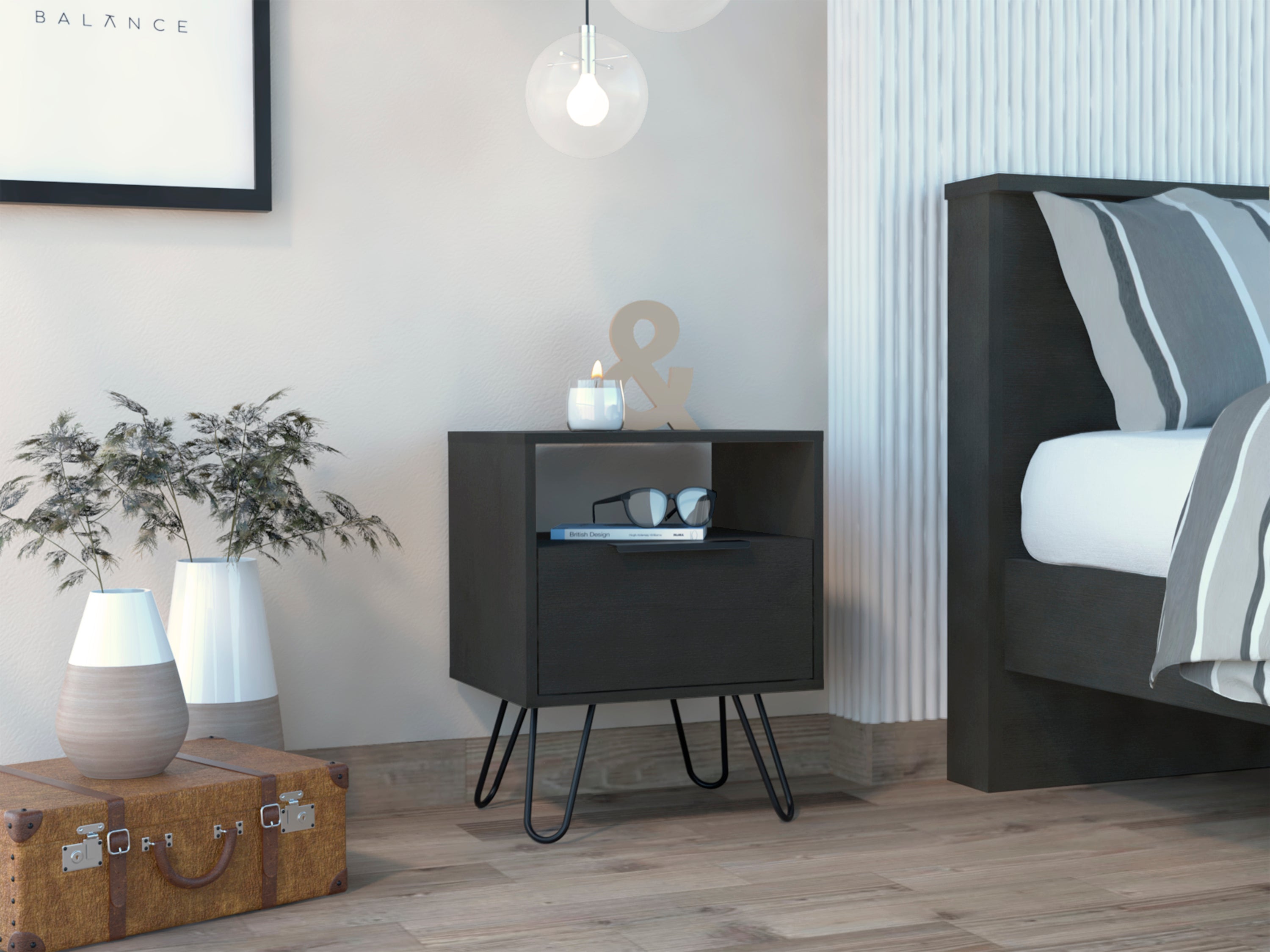 Black Wengue 1-Shelf 1-Drawer Nightstand