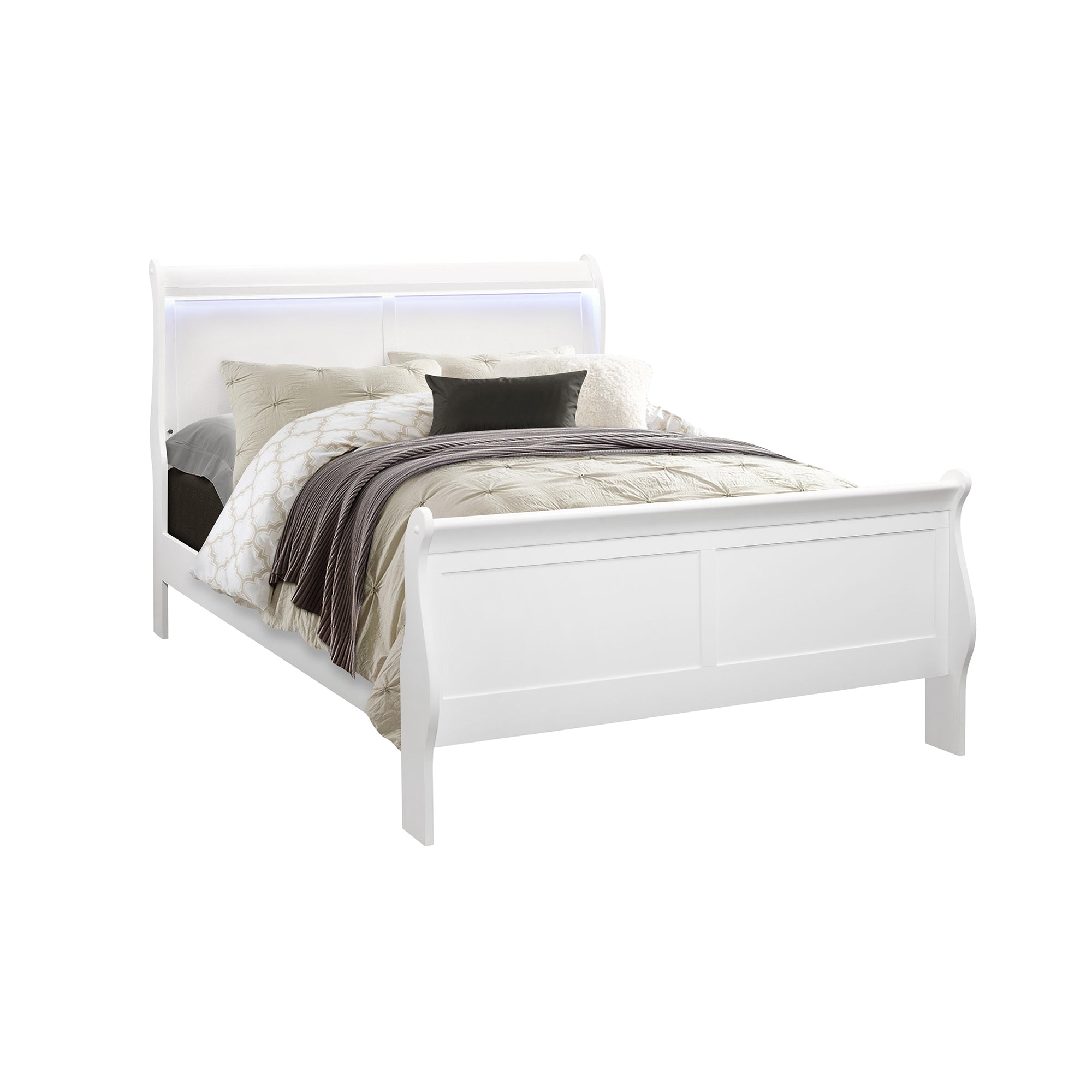 Charlston Modern Sleigh Style Full Bedroom Set with LED Lighting in White Finish, Solid Wood and MDF