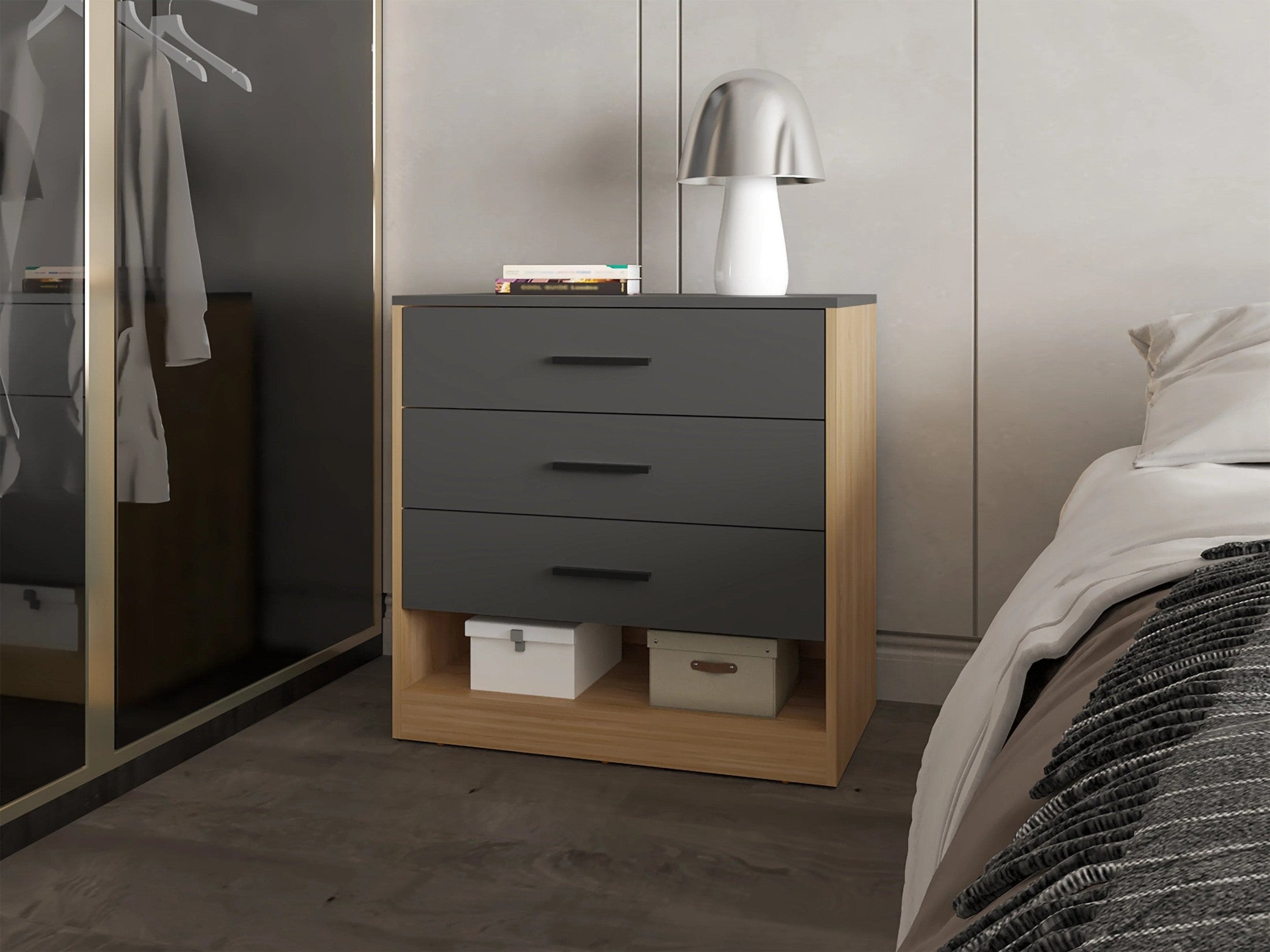 Natural Oak and Matt Grey Dresser with 3-Drawer and Open Shelf