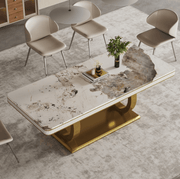 White-Brown Veined Marble Dining Table - Stainless Steel Legs, Italian Minimalist