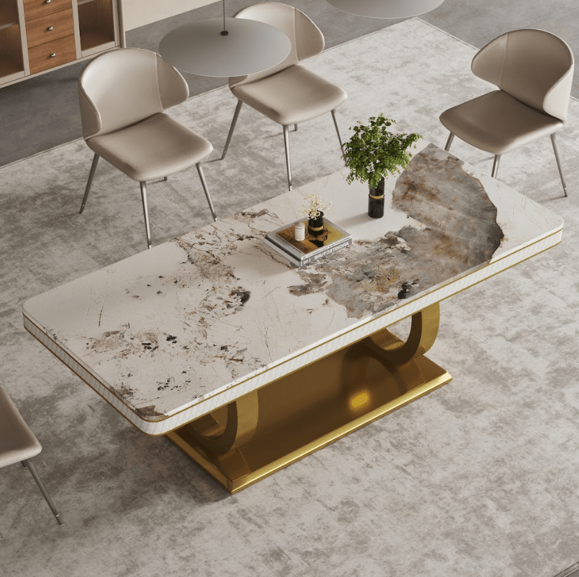 White-Brown Veined Marble Dining Table - Stainless Steel Legs, Italian Minimalist