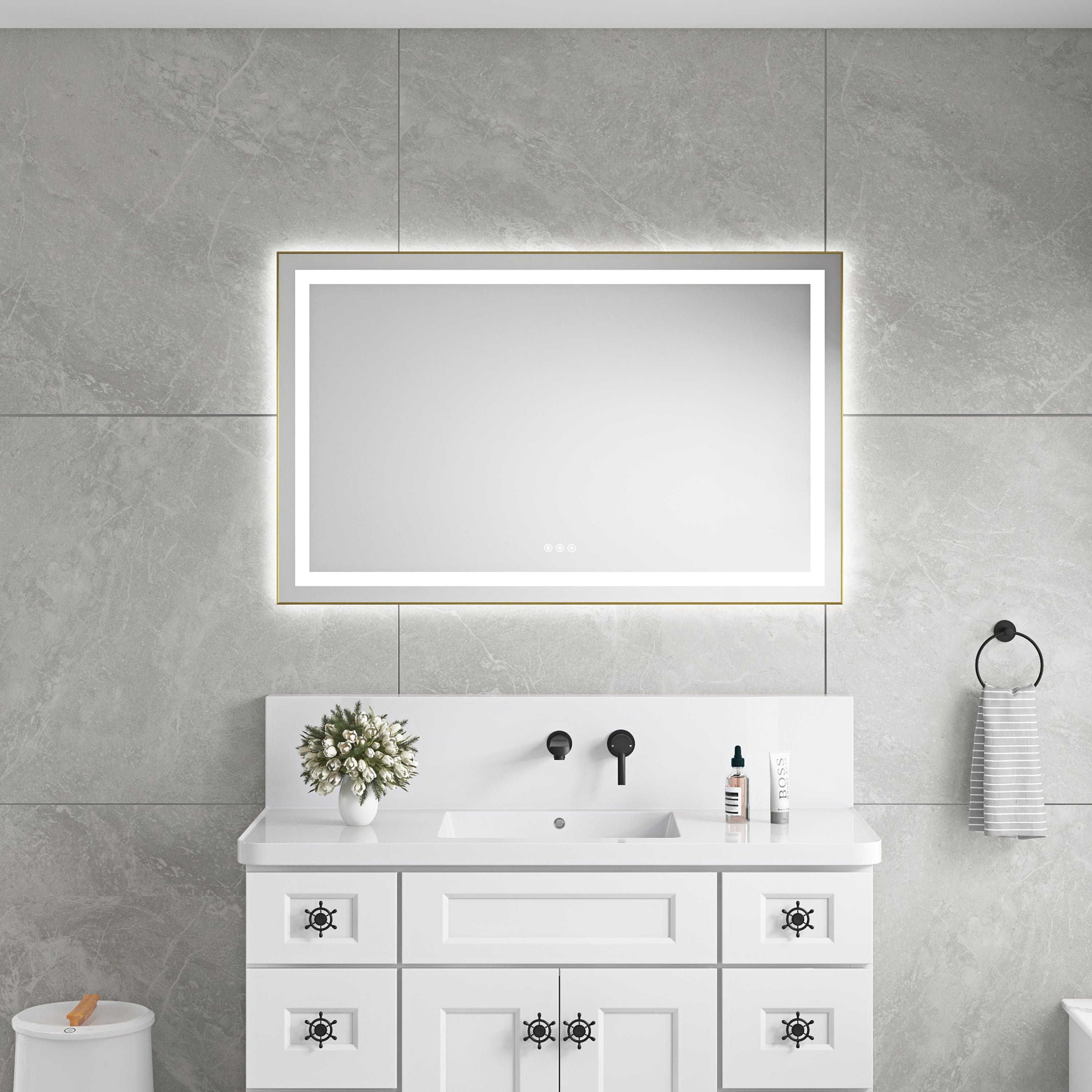 48' x 30' LED Bathroom Mirror with Front and Backlight, Wall Mounted Vanity Mirror with Aluminum Frame, Anti-Fog, Memory, 3 Colors, Stepless Dimmable