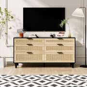 59' Rattan Dresser with Drawers, 6 Drawer Dresser for Bedroom, Clothes Storage Cabinet for Bedroom, Metal Handle&Wood Legs for Hallway, Living Room, Bedroom,Black