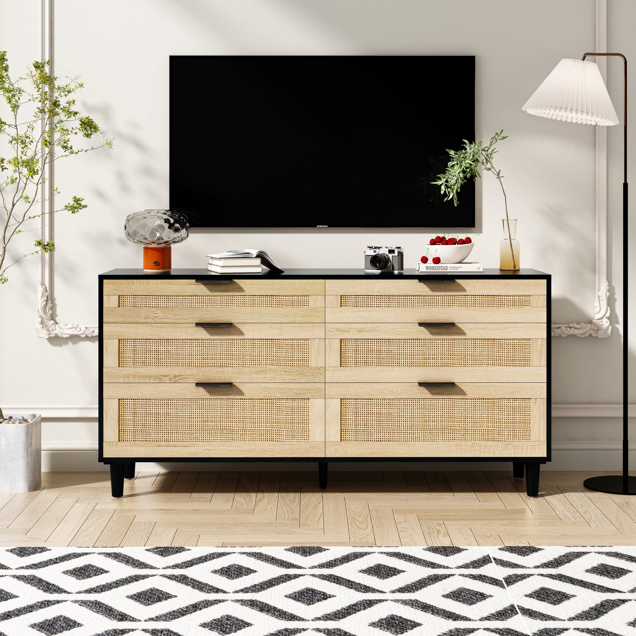 59' Rattan Dresser with Drawers, 6 Drawer Dresser for Bedroom, Clothes Storage Cabinet for Bedroom, Metal Handle&Wood Legs for Hallway, Living Room, Bedroom,Black
