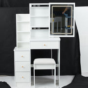 29.2' Small Size Left Bedside Cabinet Vanity Table + Cushioned Stool, Large Sliding, Touch Control, Tri-color Switching, Brightness Adjust LED Mirror, High Capacity Storage, Suitable for Small Space
