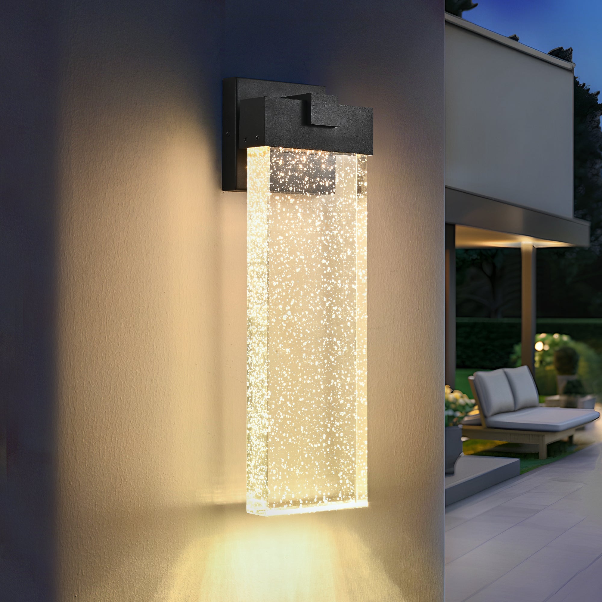 18'(H) 1-pack 12W Modern Outdoor Wall Light Fixture, Weatherproof LED Wall Sconce with Bubble Crystal, Black Finish, Up and Down Lighting for Porch, Patio, and Garden