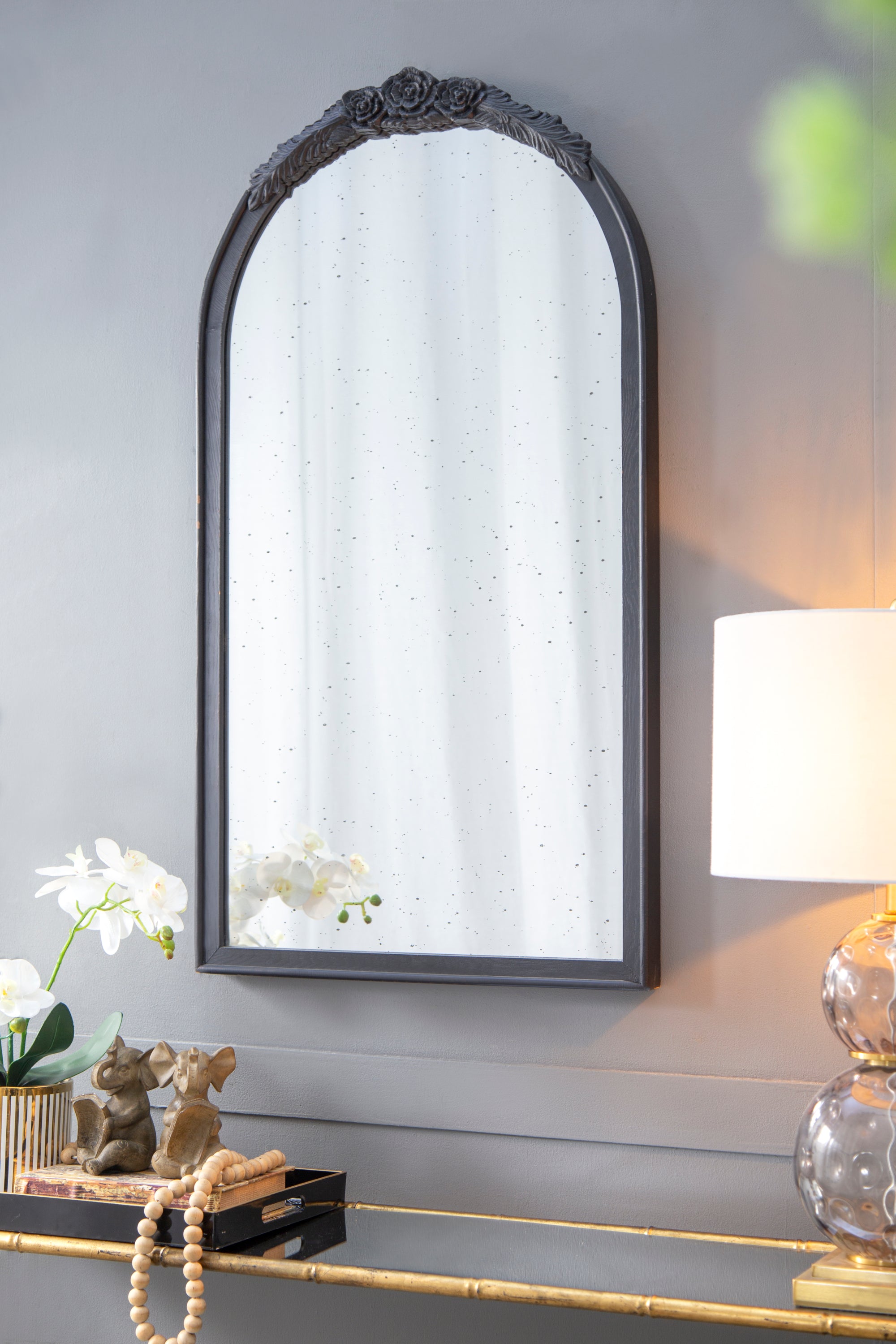 23' x 42'  Hand Carved Rose Antique Mirror Frame, Wood Arch Mirror Wall Decor for Living Room, Bathroom, Entryway(Black)