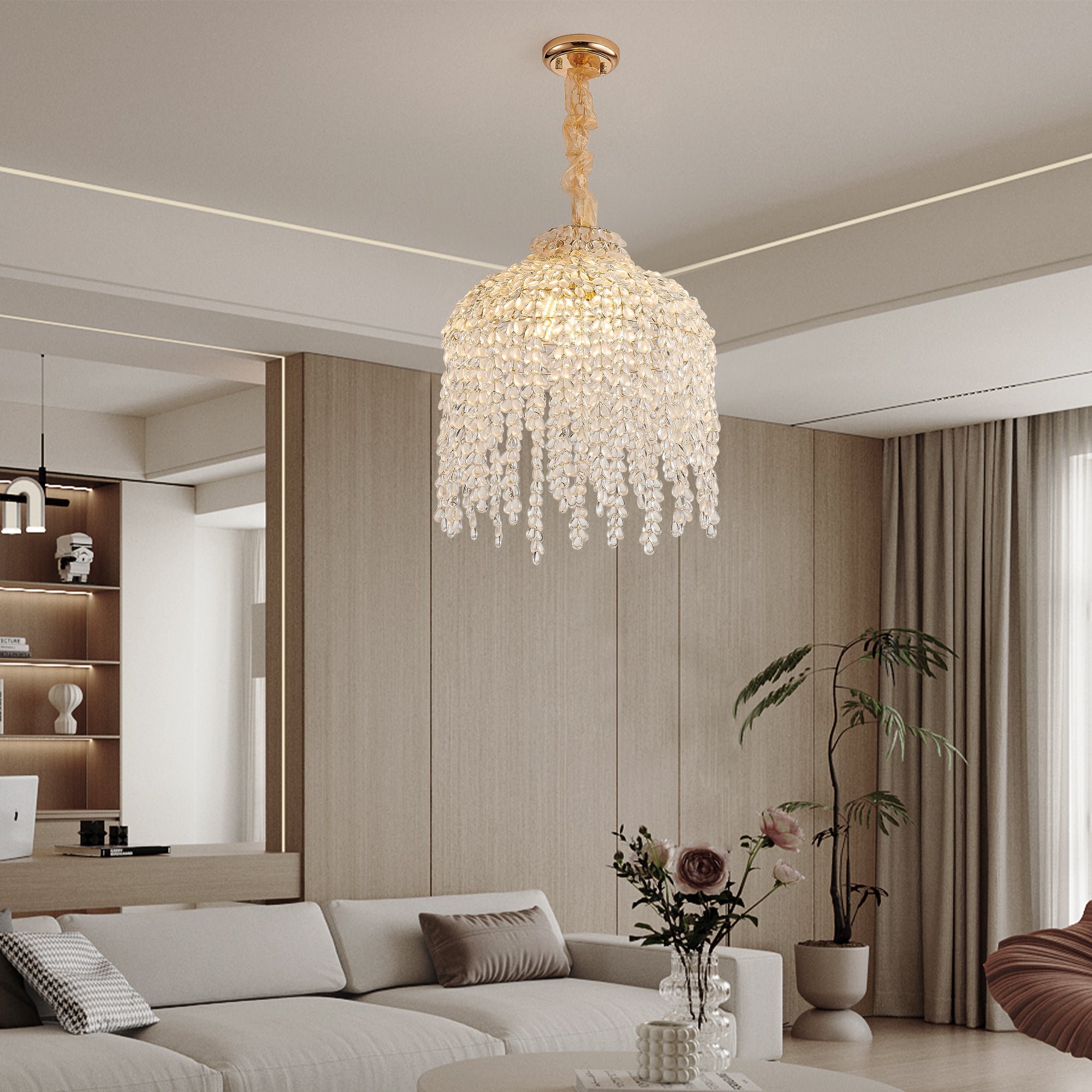 16 Inch 5-Light Crystal Pendant Light Chandelier– Elegant Waterfall Design with Grape-Shaped Crystal Bead Strings and Gold Finish for Living Room, Bedroom, or Dining Area (Bulb Not Included)