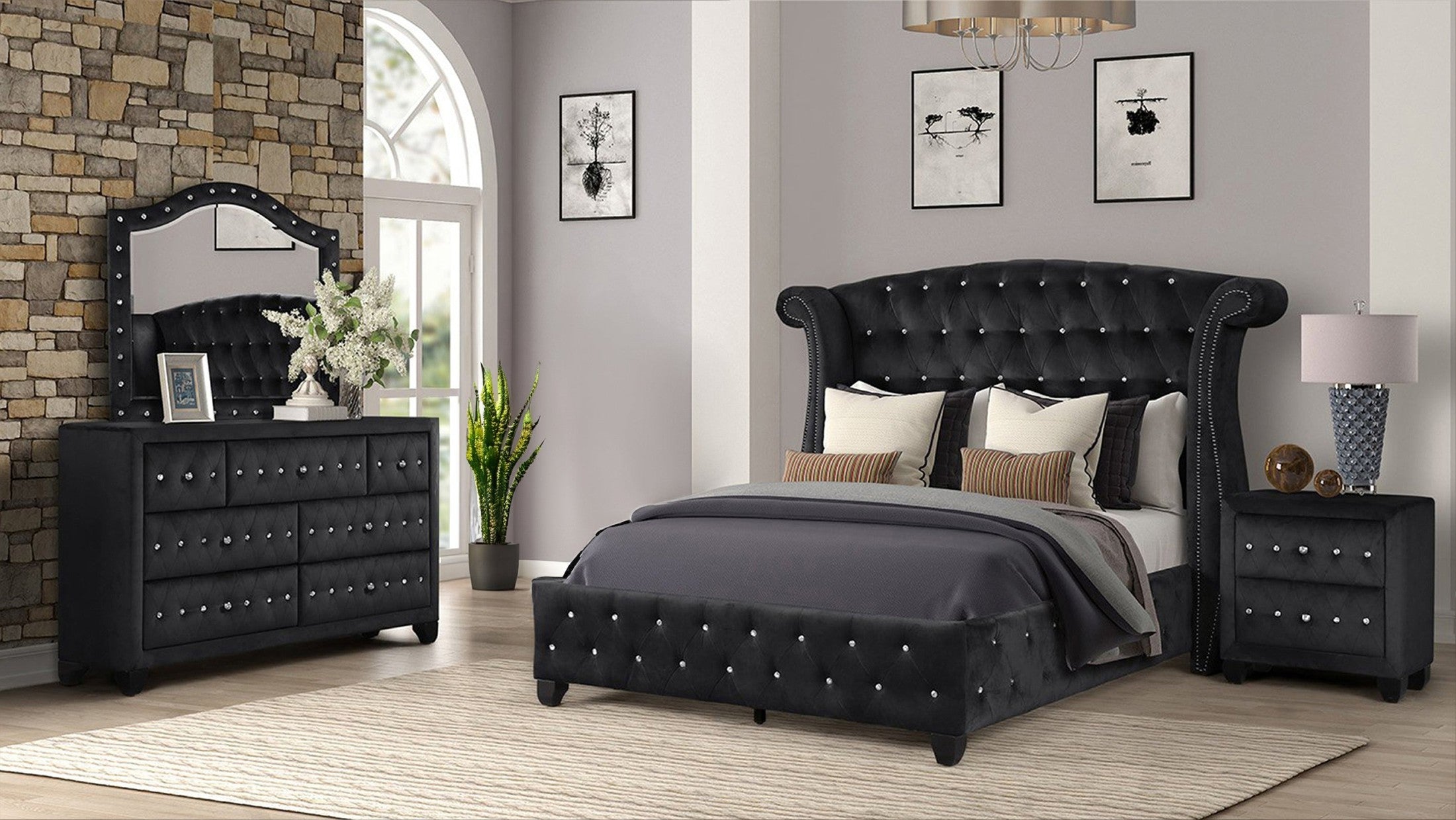 SOPHIA Full 4 Pc Upholstery Bedroom Set Made With Wood in Black(NJ INVENTORY)