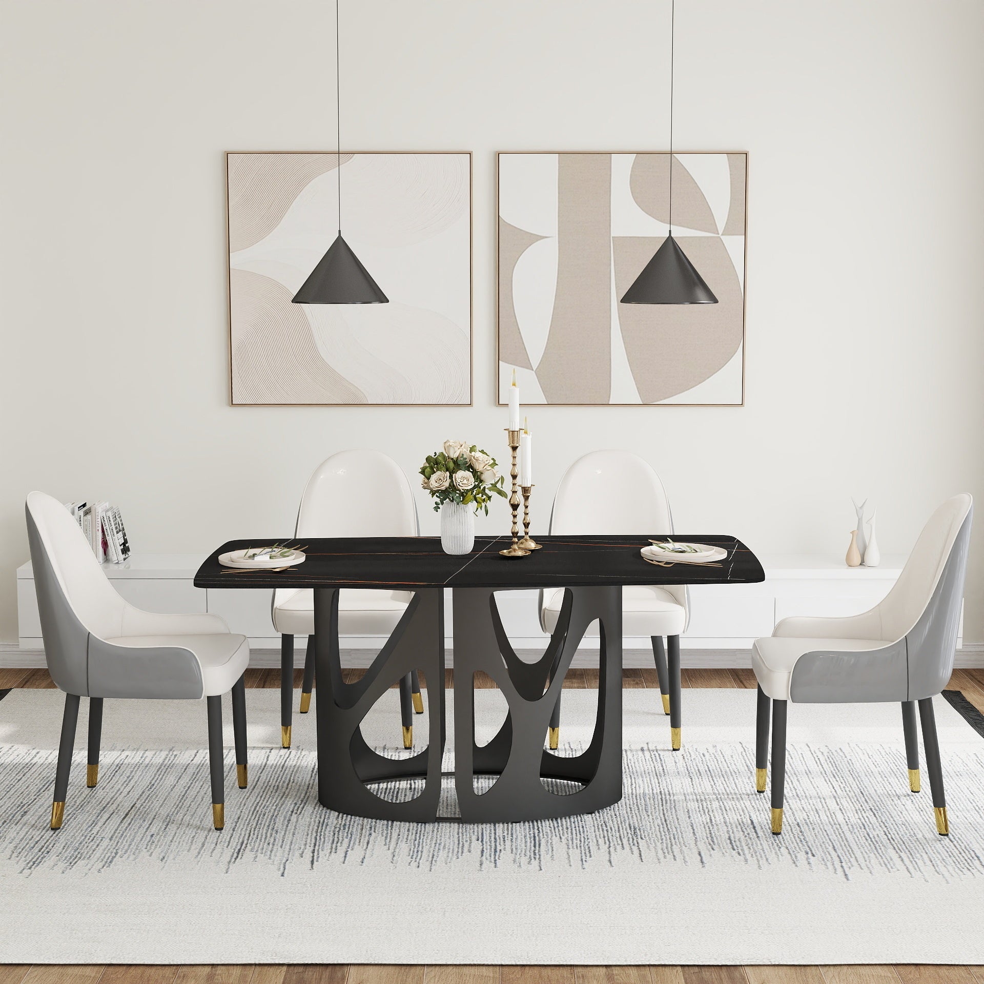 63 'Modern Artificial Stone Curved Black Panel Black Iron Metal Legs-Can Accommodate 6 People