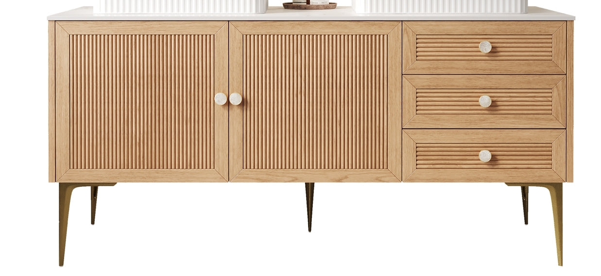 MUNIN 60' Freestanding Bathroom Cabinet with Carrara White Sintered Stone Counter Top, 2 Drawers and 3 Doors, NO Basin, Light Oak Woodgrain Colo