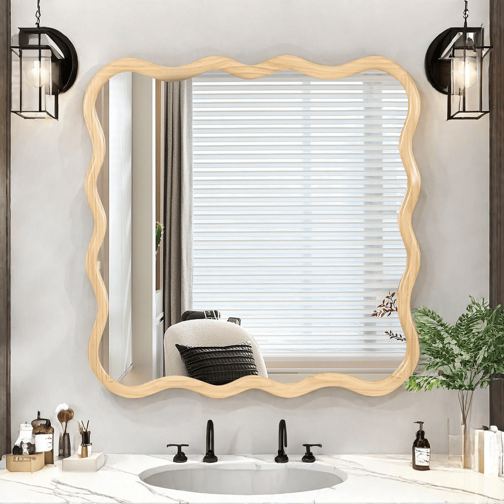 Solid Wood Wavy Square Mirror-Natural Wood 36' x 36' Modern Mirror Wall Decor for Bathroom, Bedroom, Living Room, Dining Room, Cloakroom, Entryway