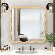 Solid Wood Wavy Square Mirror-Natural Wood 36' x 36' Modern Mirror Wall Decor for Bathroom, Bedroom, Living Room, Dining Room, Cloakroom, Entryway