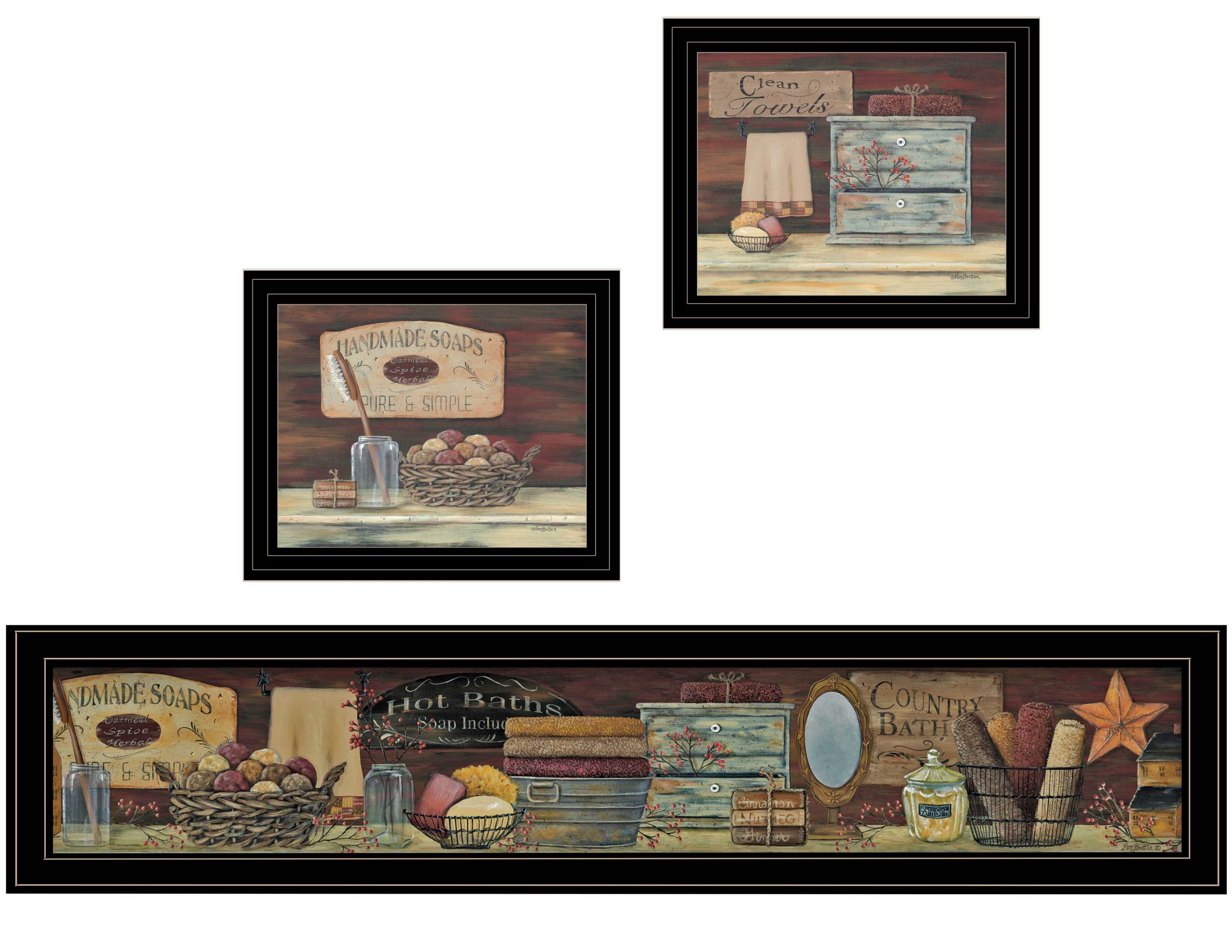'COUNTRY BATH 1' 3-Piece Vignette by Pam Britten, Black Frame