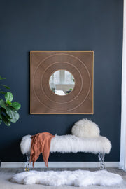 40' x 40' Square Carved Mirror with Pleated Design with Gold Iron Frame, Neutral Colorway Wall Decor for Living Room Bathroom Entryway