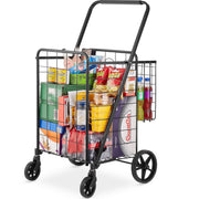 Folding Shopping Cart, Jumbo Grocery Cart with Double Baskets, 360° Swivel Wheels, Heavy Duty Utility Cart, 110 LBS Large Capacity Utility Cart for Laundry, Shopping, Grocery, Luggage