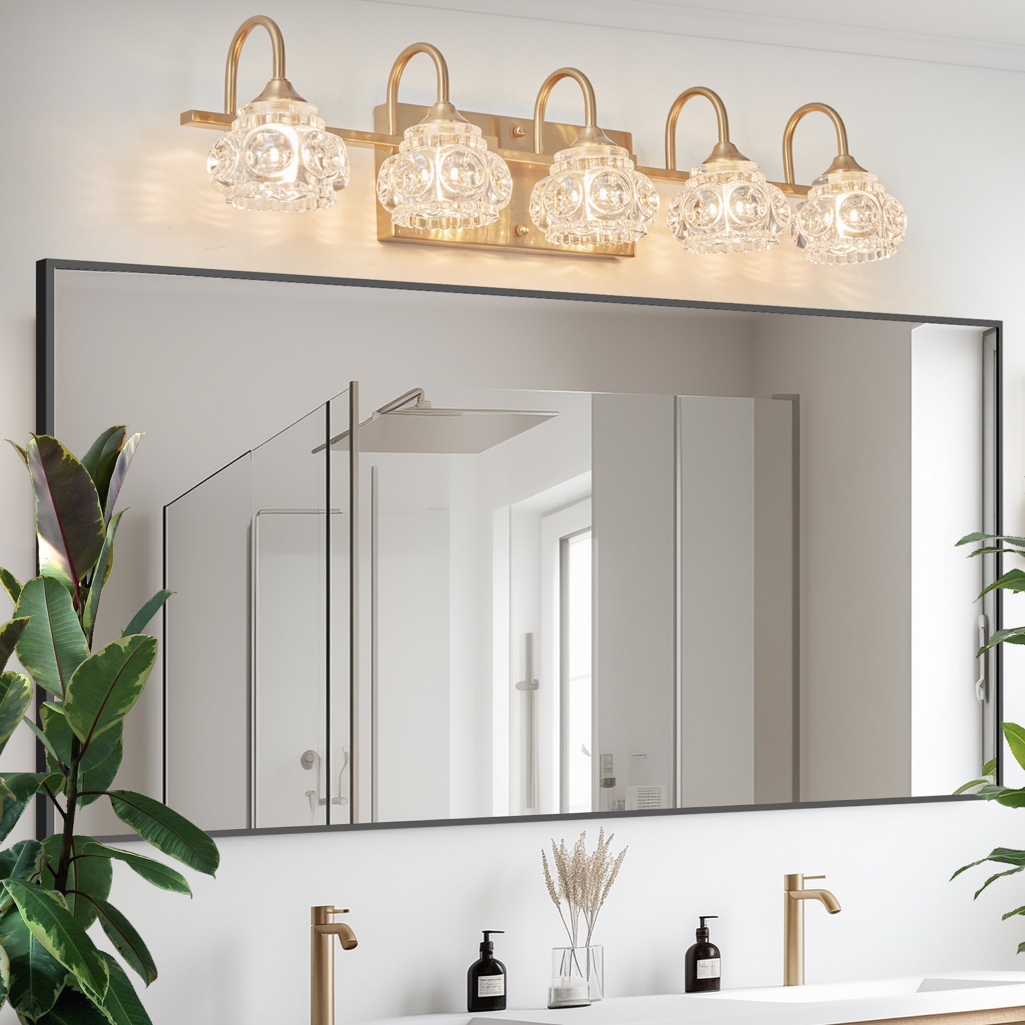 29' Modern Crystal Bathroom Vanity Light, 5-Light Golden Wall Sconce with Clear Glass Shade, Elegant Wall Mount Lighting for Bathroom, Powder Room, or Vanity Mirror (No Bulbs)