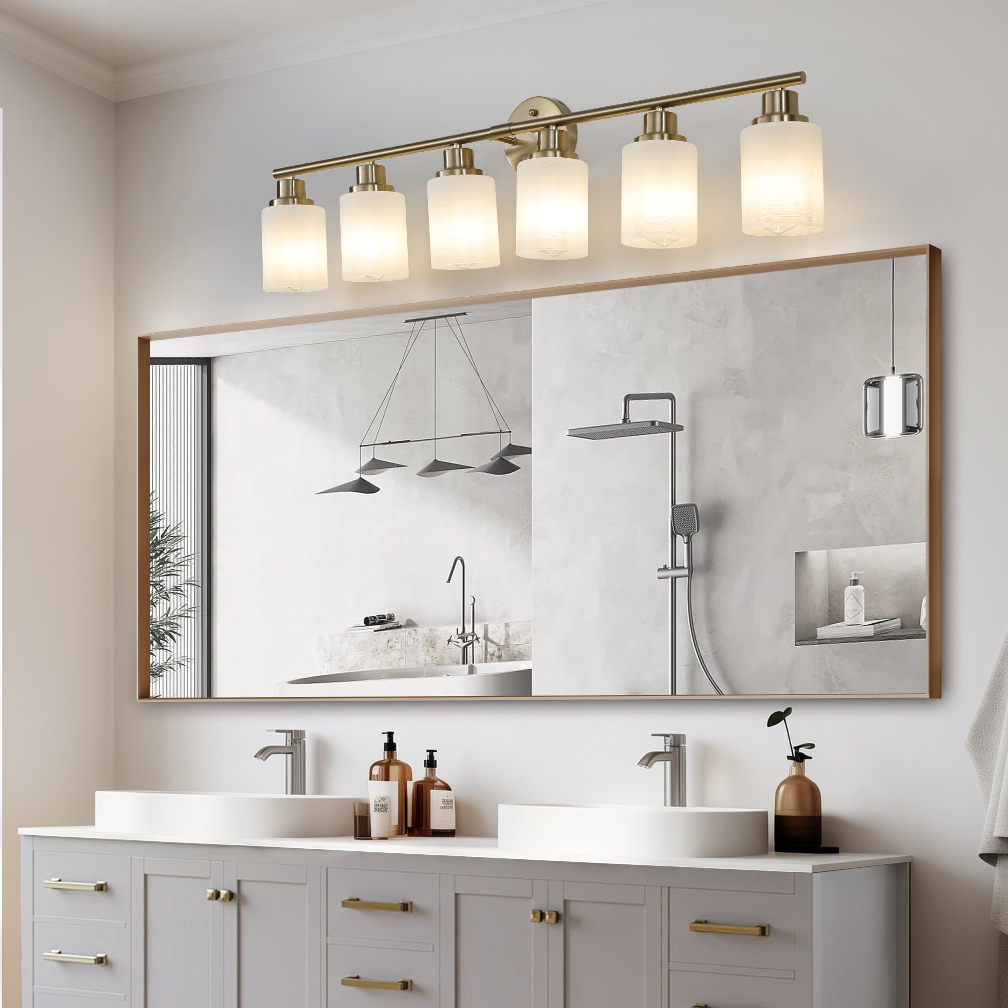 39' Modern 6-Light Vanity Wall Sconce, Golden Finish with Frosted Glass Shades for Bathroom or Hallway Lighting (No Bulbs)