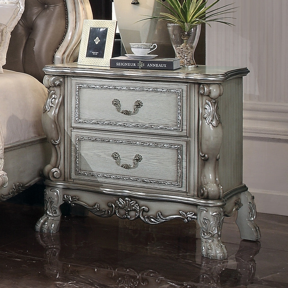 Traditional Elegant Nightstand with 2 Drawers Vintage Bone White Finish Wooden Luxury Bedroom Furniture 1pc Rococo Style