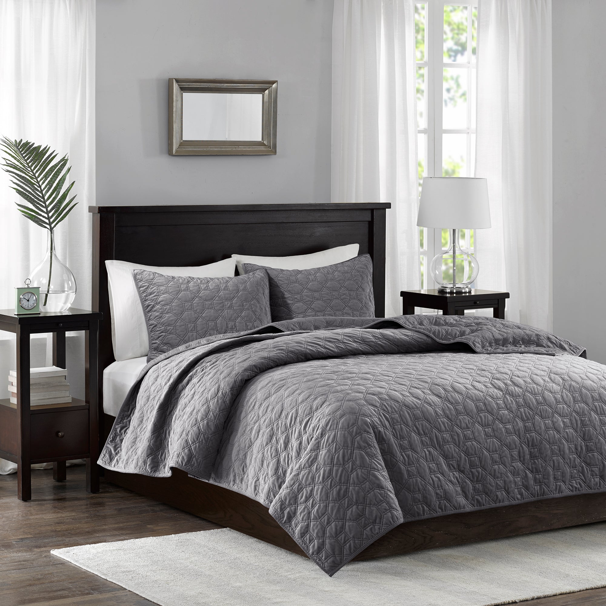 3 Piece Velvet Quilt Set Grey Full/Queen