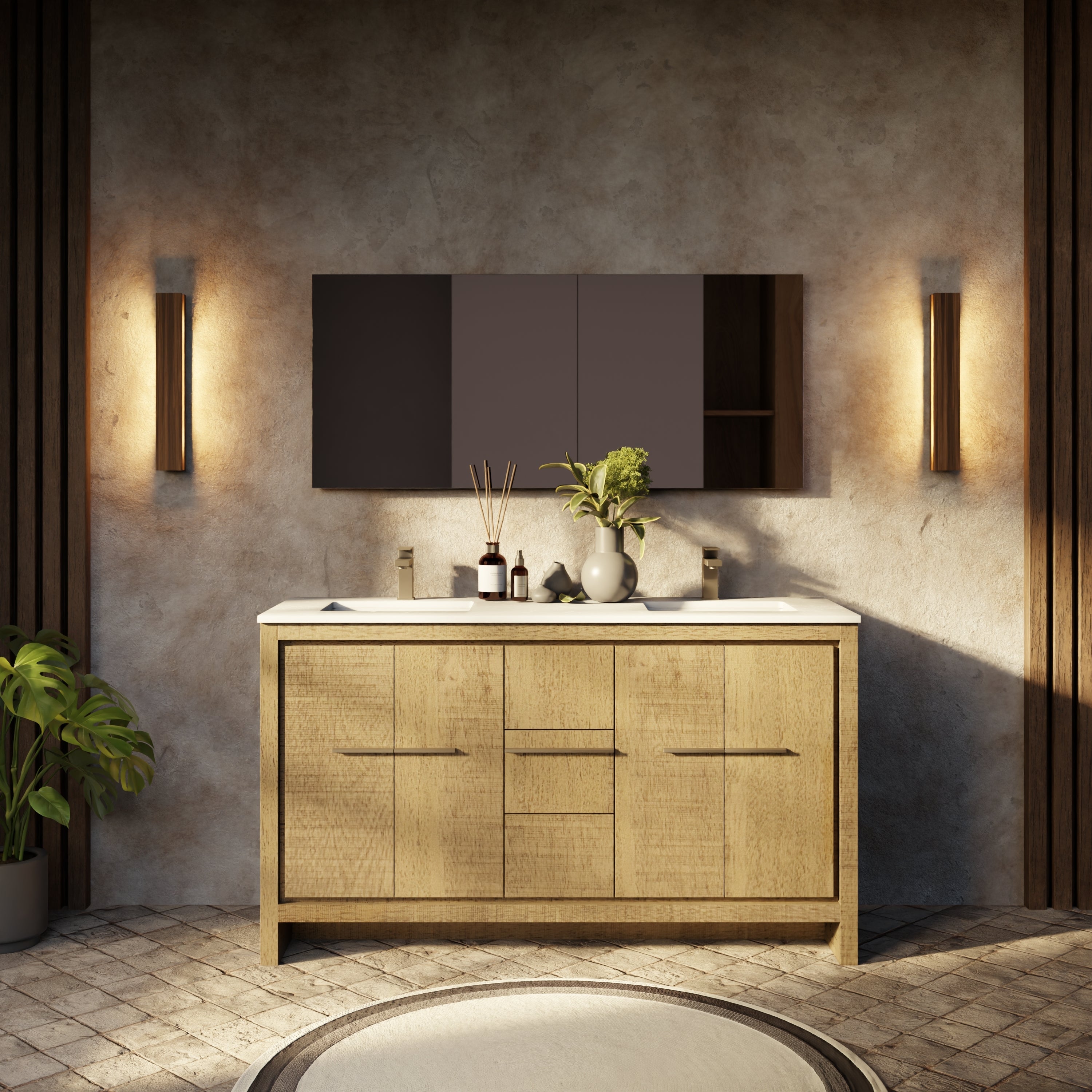 Rustic Acacia Double Bath Vanity 60 in. W x 20 in. D, Cultured Marble Top and Gun Metal Faucet Set