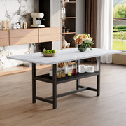 A 71 * 35.4 inch dining table with a tabletop cleverly pieced together by four white textured MDF boards. The desktop has a 43.3 * 19.7 storage platform. Very suitable for family gatherings,etc.