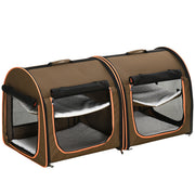 PawHut 39' Portable Soft-Sided Pet Cat Carrier with Divider, Two Compartments, Soft Cushions, & Storage Bag, Brown