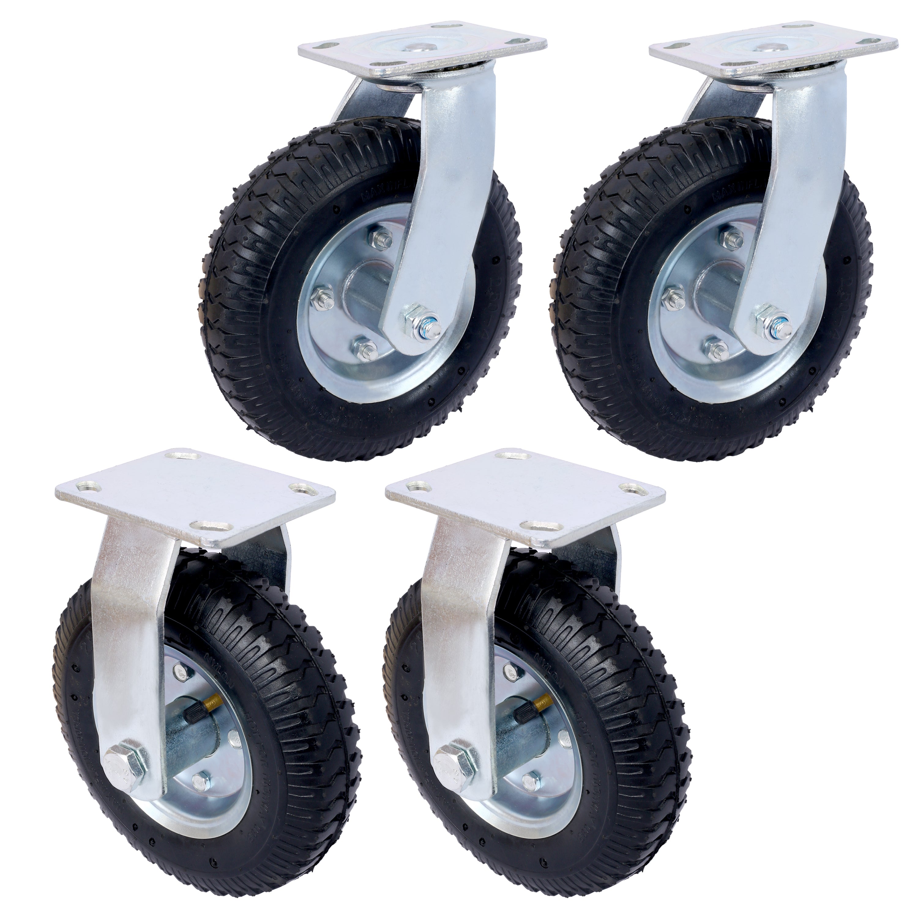 4PCS 8IN CASTER pneumatic tire(2PCS SWIVEL+2PCS RIGID), Caster Wheel, Steel Hub with Ball Bearings, 5/8-Inch Bore Centered Axle -black