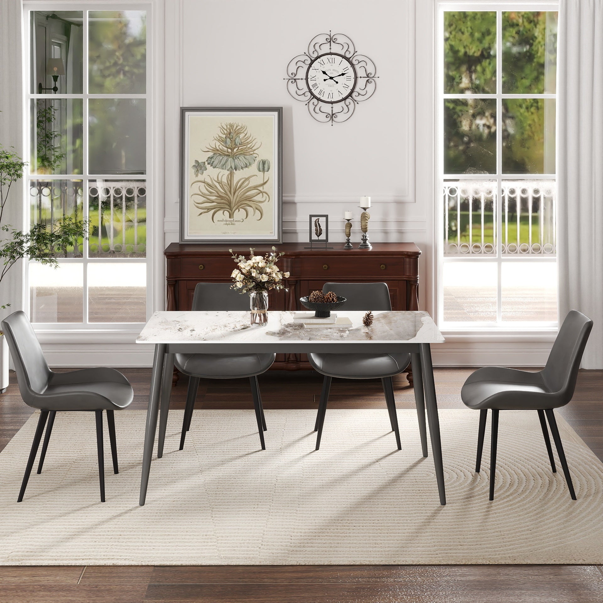 55.12' Modern Artificial Stone White Pandora Straight Edge Dark Grey Metal Leg Dining Table-Can Accommodate 6 People(Dining Table Only)